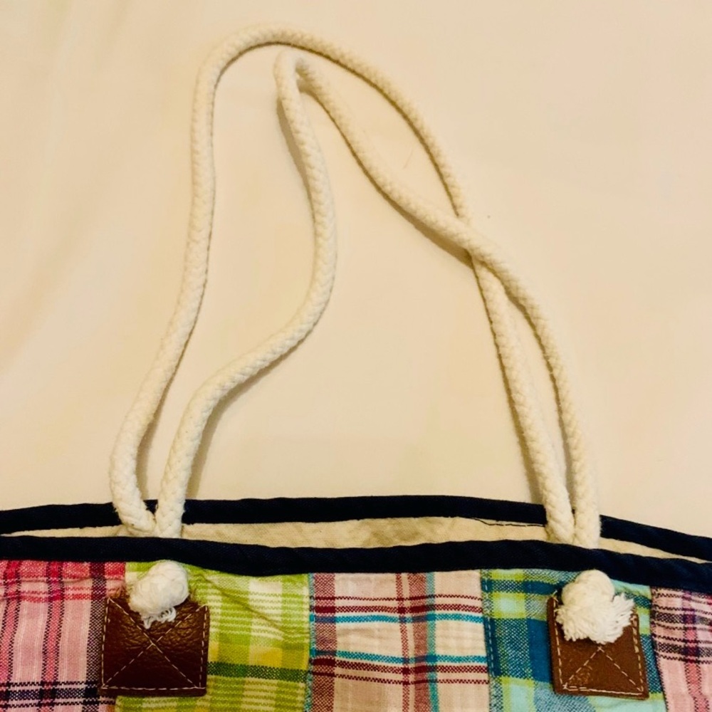 Handmade tote bag washable reusable patchwork plaid pink blue green canvas - Picture 6 of 9